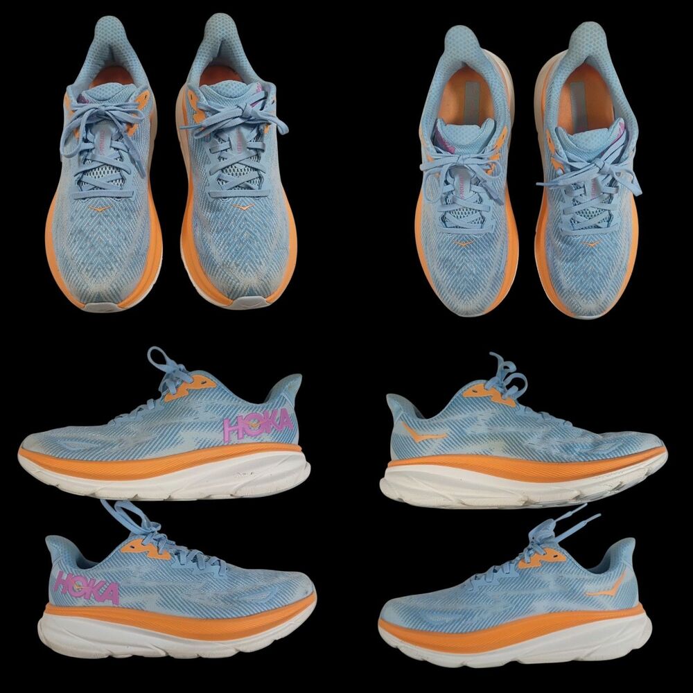 Hoka Clifton Running Woman's Sneakers Size 9.5B Icey Blue Orange Jogging Walking